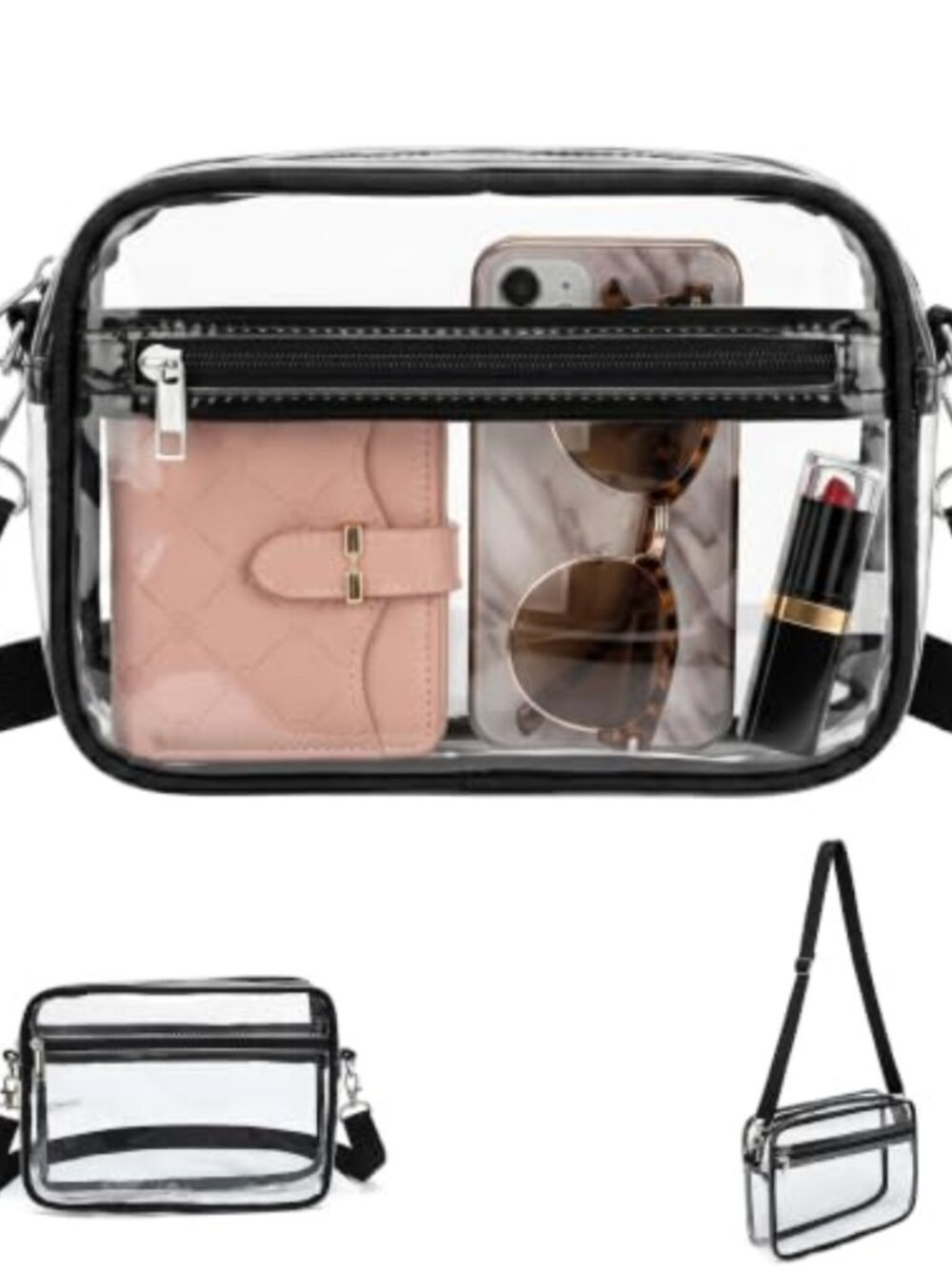 Clear Crossbody Bag Waterproof PVC Adjustable Detachable Strap Zip Pocket